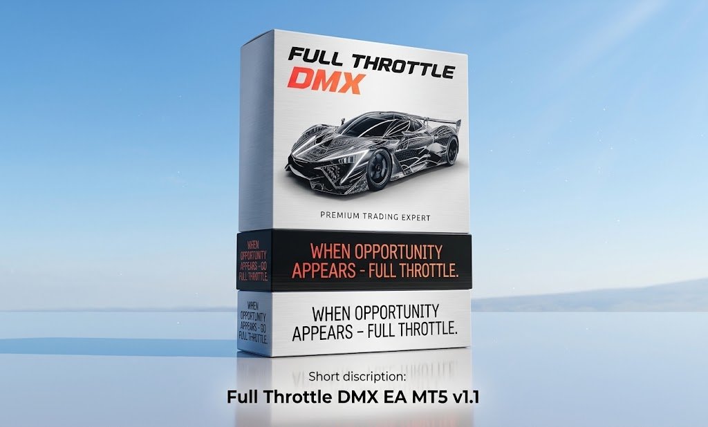 Full Throttle DMX EA MT5 v1.1 automated trading software for MetaTrader 5 (MT5). Optimized for XAUUSD (Gold) and major forex currency pairs with dynamic market execution logic and strict risk protocols. No Martingale, grid, or averaging strategy. Includes .ex5 file and presets.