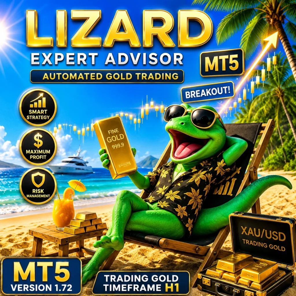Lizard MT5 EA Version 1.72 Expert Advisor software box art for Gold and Forex trading