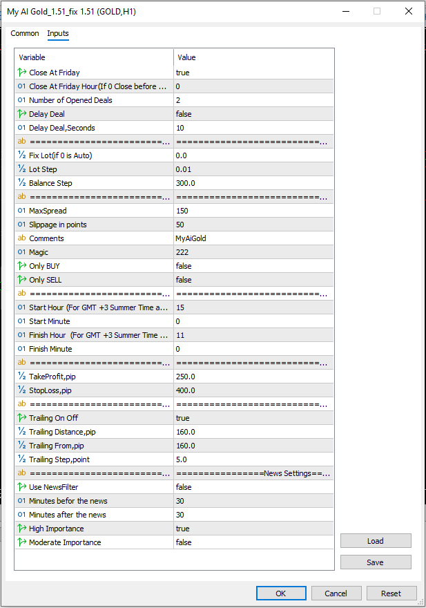 My AI Gold EA v1.51 MT5 input settings on GOLD H1